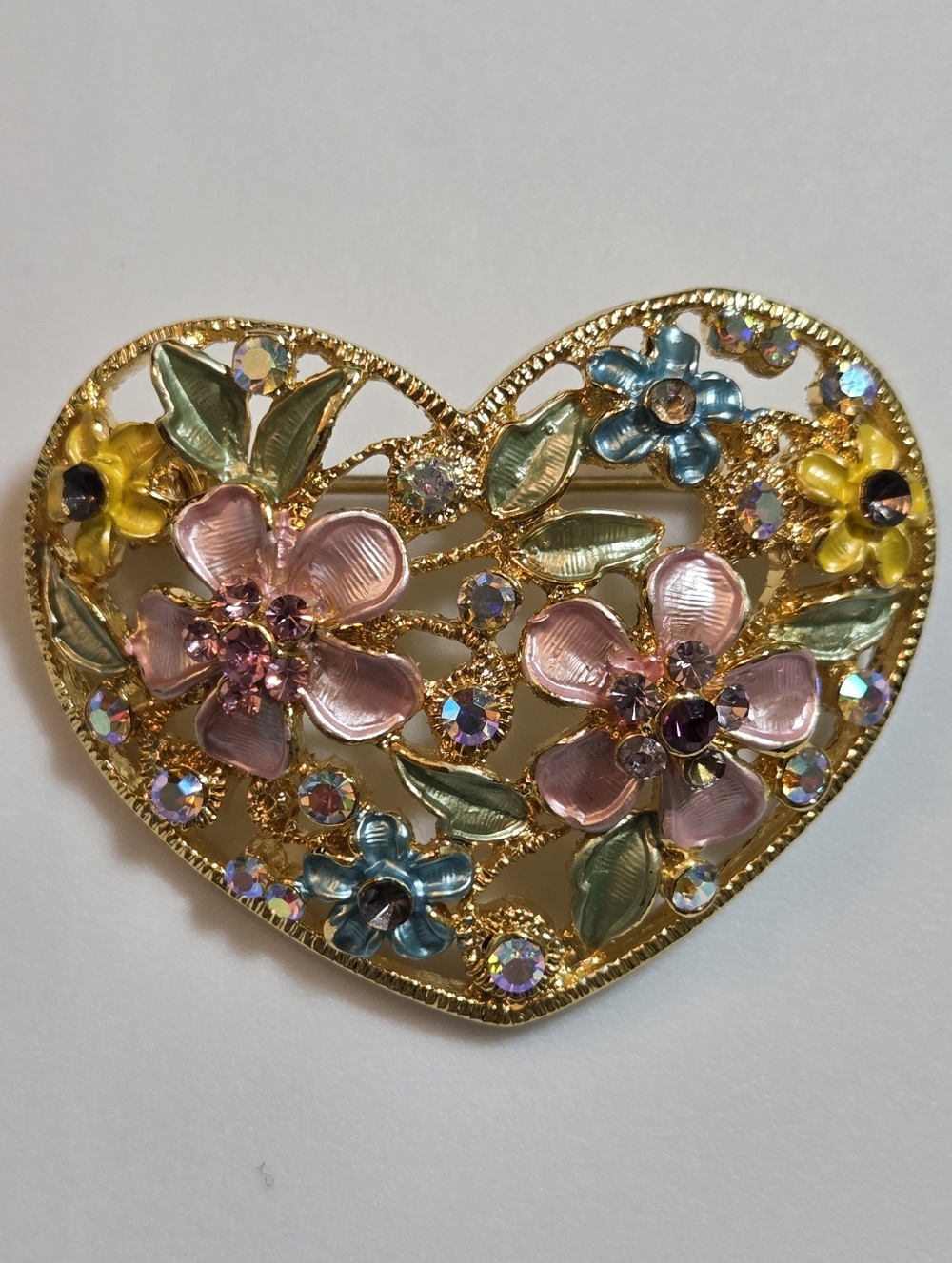 Flower Heart Brooch Multi color Rhinestone Pastel Enamel Gold Tone Heart Pin